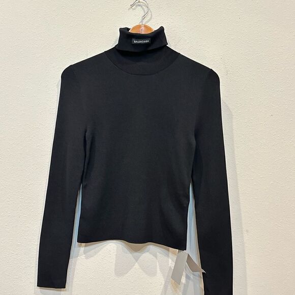 Balenciaga Unisex Knit Ribbed Logo Patch‎ Turtleneck Jumper Black Size Small - Picture 2 of 15